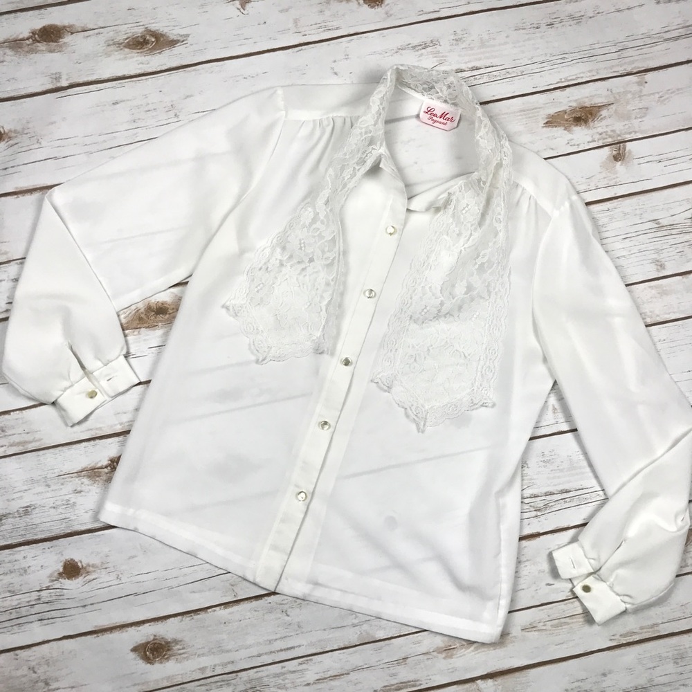 Vintage Lee Mar White Lace Bow Secretary Blouse XL